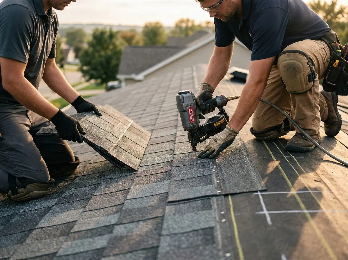 Professional roofer working on a residential roof in Charlotte